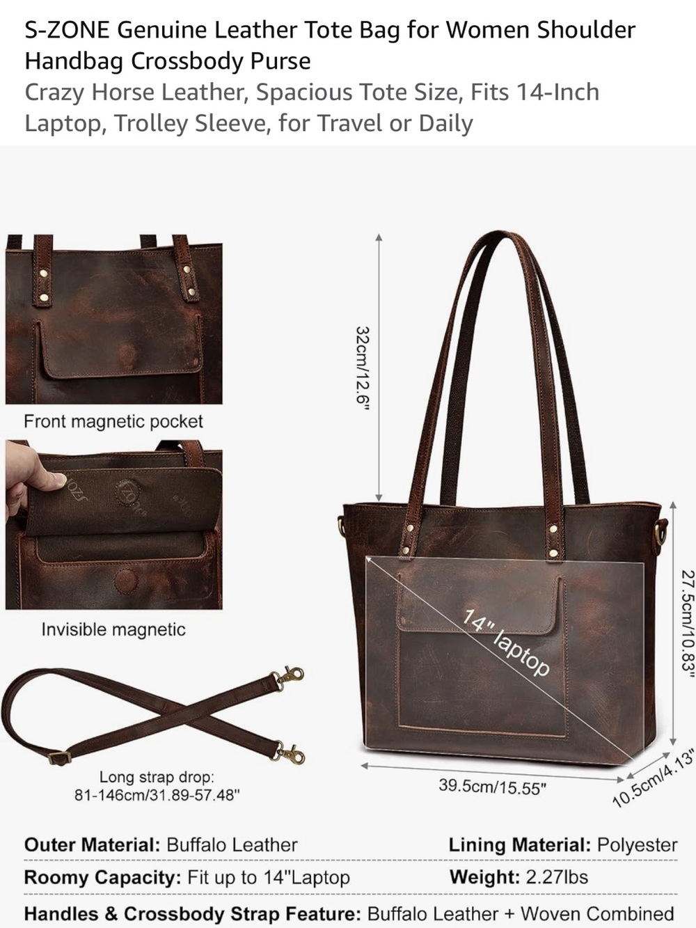 S-ZONE Genuine Leather Tote Bag for Women Shoulder Handbag